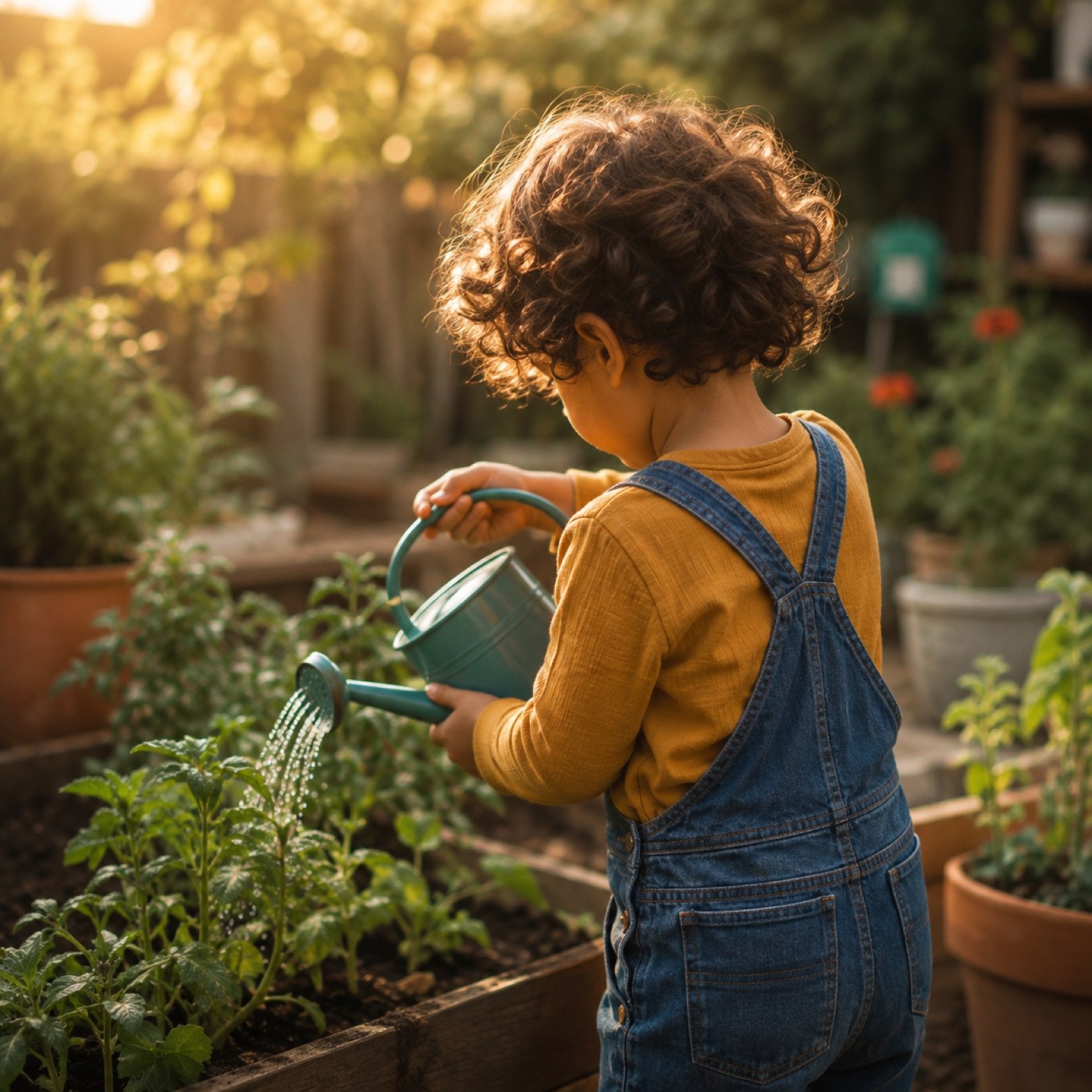 Un enfant qui arrose de jeunes plantes dans un jardin ensoleillé
